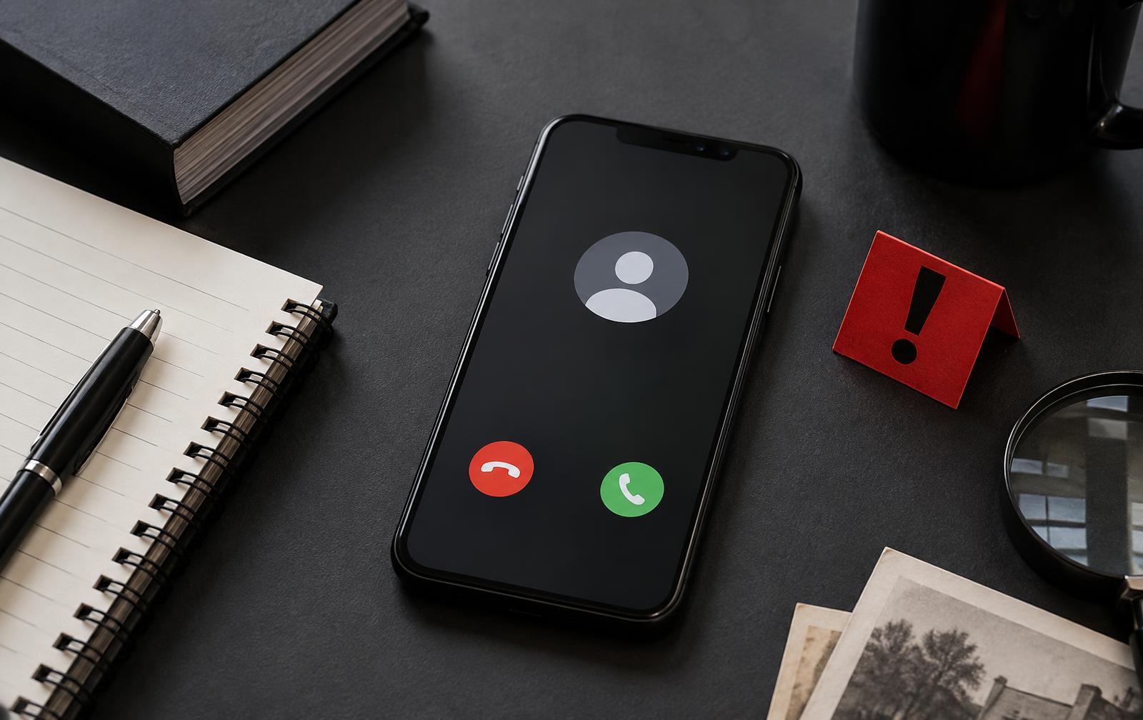 Unknown caller displayed on a smartphone beside a notebook and evidence marker